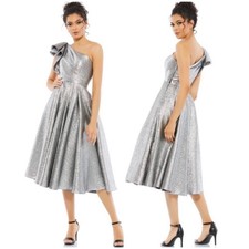 Mac Duggal NWT Brocade Silver One Shoulder Bow Accent Midi Dress Size 4 Pockets