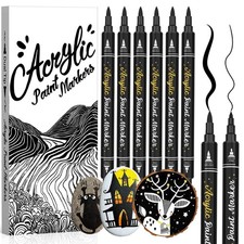 Black Acrylic Paint Pen 6 Pack Dual Tip Fine Brush, Non-Toxic, Water Based,