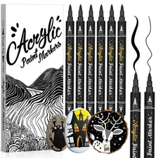 Black Acrylic Paint Pen 6 Pack Dual Tip Fine  Brush, Non-Toxic, Water Based,
