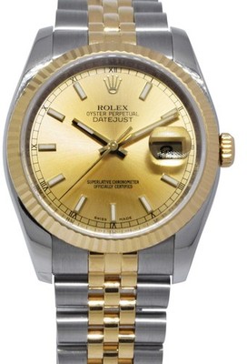 Rolex Datejust 18k Yellow Gold/Steel Champagne Dial Mens 36mm Watch Z 116233