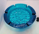 1970s Blenko 9" Ashtray Cobalt Blue Glass Bubbles Ashtray Brutalist