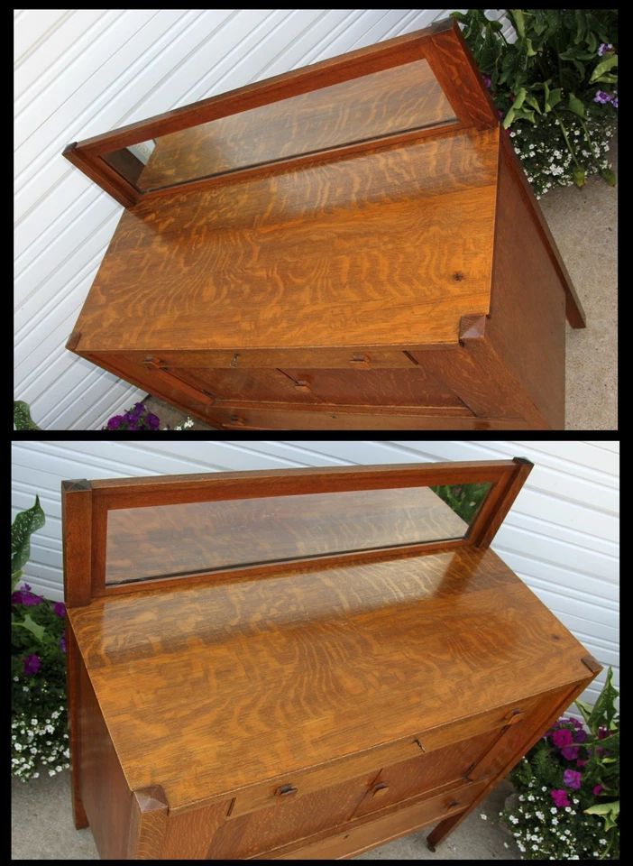 Antiguo buffet 1920 cuarto aserrado roble dorado misión artes y manualidades con espejo y llave Foto 3 de 4