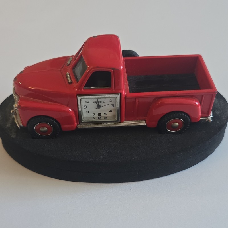 Fossil Red Pickup Truck Collectible Vehicle Clock on Black Base