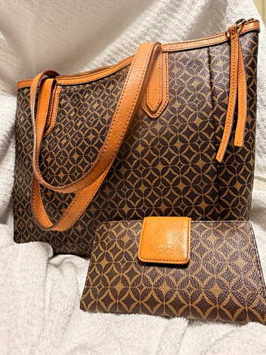 Fossil Sydney Shopper Tote Bag & Madison Slim Clutch Wallet Set Monogram Brown