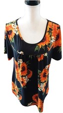 Letdiosto L Black Sunflower Tunic Top Short Slvs 95% Poly 5% Spndx Scoop Neck