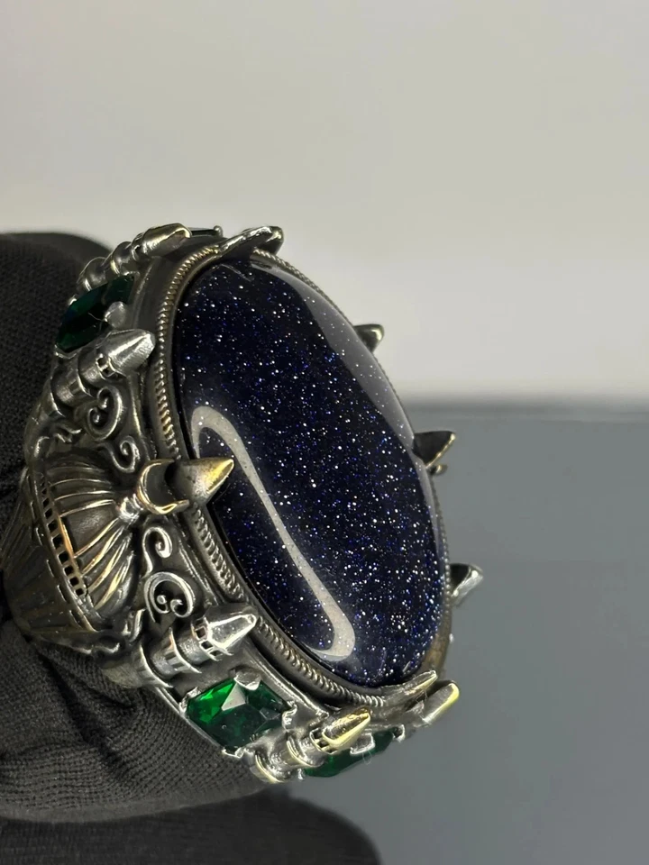 Handmade Sterling Silver Aventurine Stone Ring: Ottoman Design Statement Jewelry - Image 3 of 4