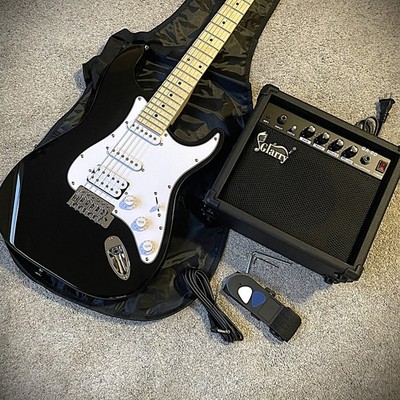 Full-Size Black Electric Guitar Starter Package with 20-Watt Amp, HSS Pickups