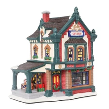 Ceramic Christmas Village Houses, 8.07 Inch LED Warm Lights Animated Gift Sho...