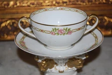 WONDERFUL HAVILAND LIMOGES FLOWER TRIM CREAM SOUP DOUBLE HANDLED CUP & SAUCER #3
