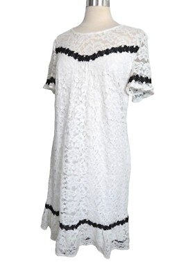 Karl Lagerfeld White Lace Shift Dress Black trim Size 14 NWT