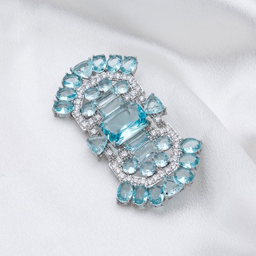 Réplica de broche Art Deco aguamarina cristal creado por la reina madre y circonita 5A - Imagen 14 de 24