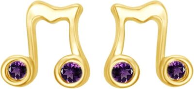 Musical Note Stud Earrings Simulated Birthstone 14K Yellow Gold Plated Silver