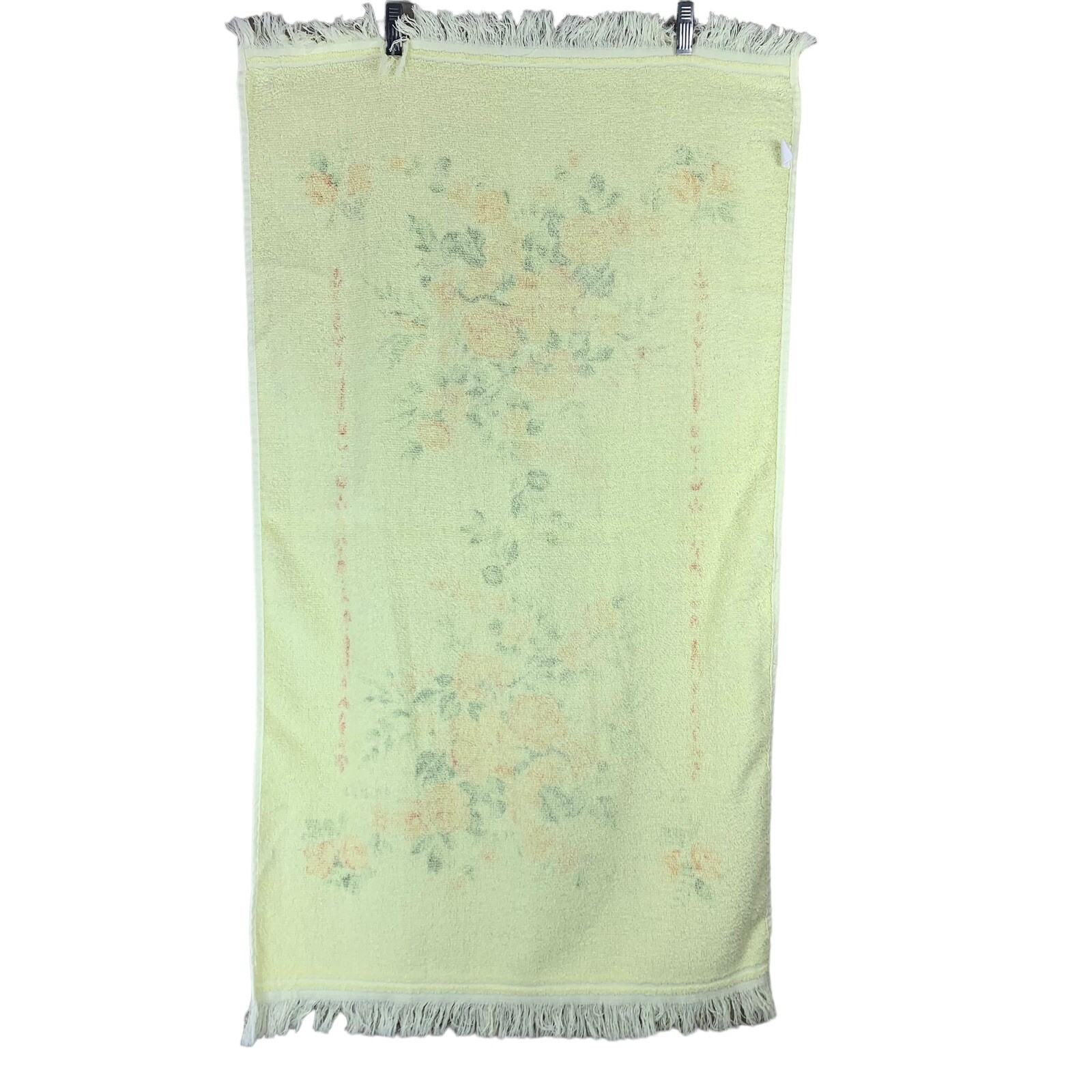 Vintage Bath Towel Yellow Orange Floral Print Cotton Fringe Ends 23x36