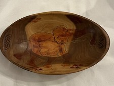 Vintage Hand Carved /painted & Signed 8” Wooden African OVAL BOWL w/Elephant