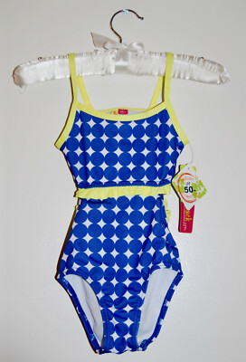 NWT Penelope Mack Toddler Girls 1 Piece Blue Polka Dot Ruffed Swimsuit sz 2T