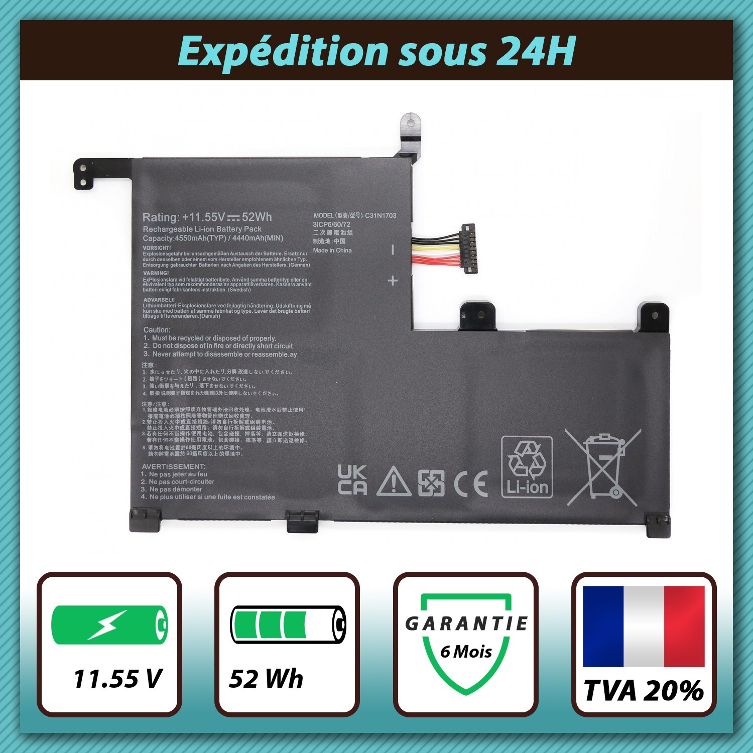 Batterie Asus ZenBook Flip Q505UA Q525UA C31N1703 11.55V 52Wh PC
