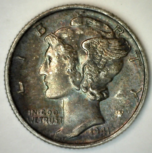 1941 Mercury Dime Silver Toned Uncirculated 10c US Ten Cents Coin Amber Orange