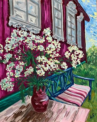Village house bench oil painting,  collectible floral small artwork unframed