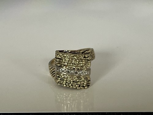 MCM Vintage 14K Gold Ring Abstract Wide Modernist Brutalist Bark Diamond 11g