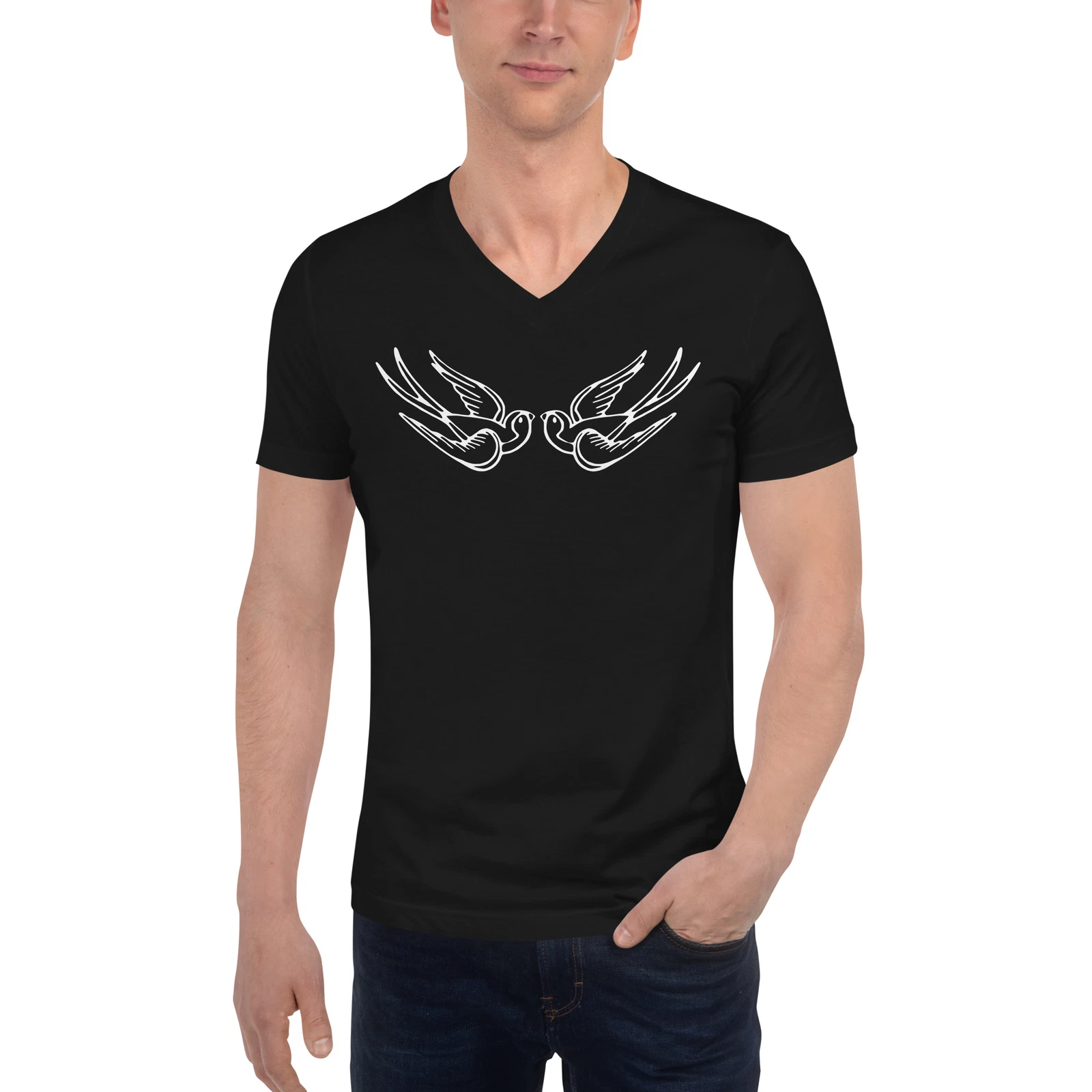 White Falling Sparrows Tattoo Style Bird Short Sleeve V-Neck T-Shirt