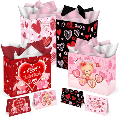 4 Pack Valentines Day Gift Bags, 13 x 10.2 x 4.9 in, with Cards and Tissue Paper
