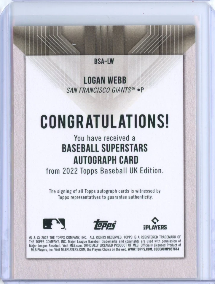 2022 Topps UK Edition LOGAN WEBB Giants AUTO Autograph Signature PURPLE 10/50 - Image 2 of 2