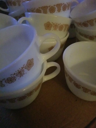 Set of 8 Vintage PYREX Butterfly Gold White Milk Glass Coffee Cups Mugs