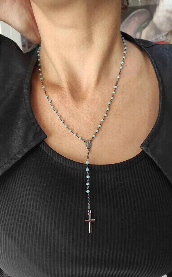 AMEN COLLANA ROSARIO DONNA IN ARGENTO BRUNITO CON CRISTALLI CRONT4 (280) - Immagine 2 di 4