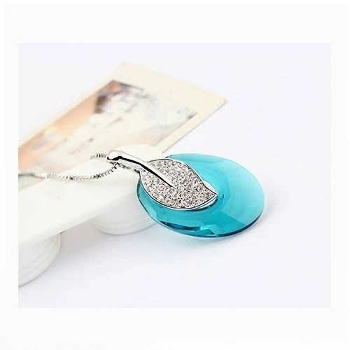 18K White Gold Plated Made With Swarovski Crystal Turquoise Leaf Moon Necklace - Image 3 of 4