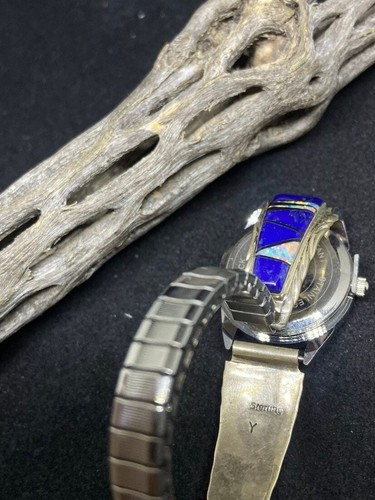 Navajo Inlay Lapislazuli, White Fire Opal & Jet Sterling Silber Uhr - Bild 5 von 9