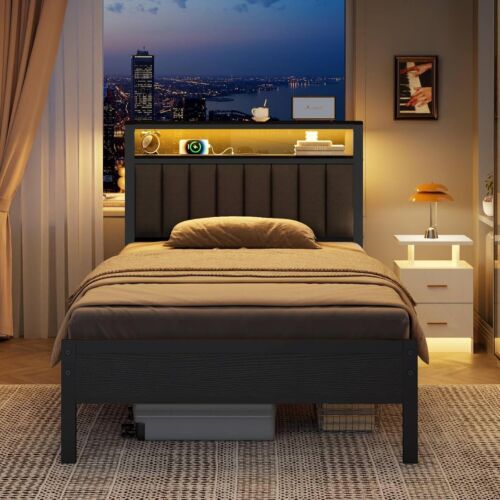 Twin Size Bed Frame with Charging Station and LED Lights, Platform Bed with Meta - Picture 6 of 11