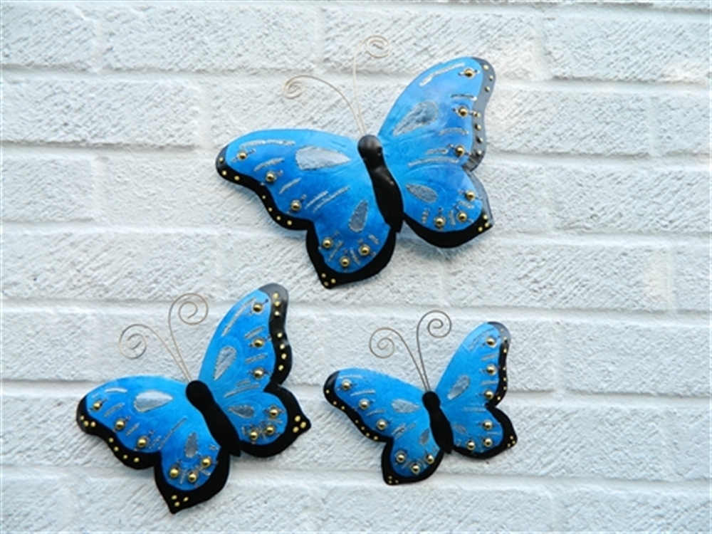 Metal Butterfly Wall Hanging Decoration Wall Art Butterflies Set of 3 - Blue