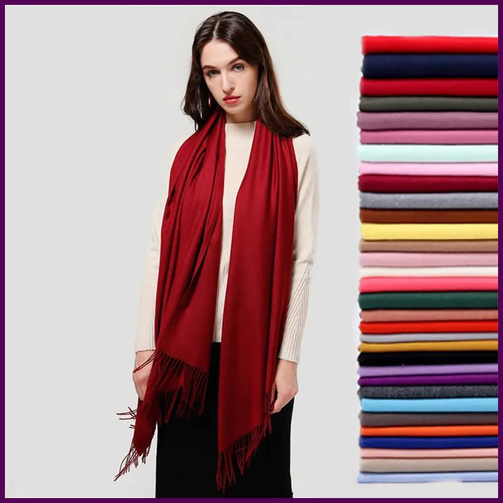 Women Solid Scarf Cashmere Feeling Pashmina Shawls Tassel Hijab Head Wraps Femme