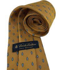 Brooks Brothers Mustard Gold Paisley Silk Tie Blue Teardrop Stain Resistant USA