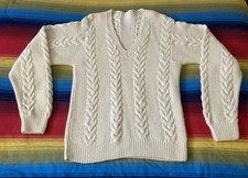 Vtg Hand Knit Irish Wool Fisherman V Neck Sweater Chunky Cable Cream Pullover M