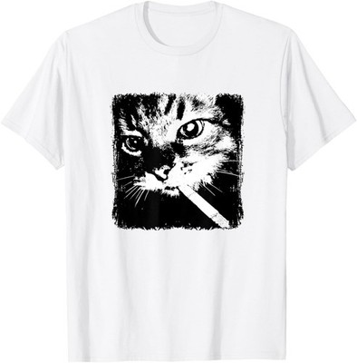 Cool Smoking Cat Retro Black and White Graphic T-Shirt