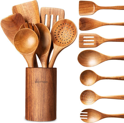 Wooden Spoons for Cooking - 8-Piece Wooden Kitchen Utensil Set Made of Natural S