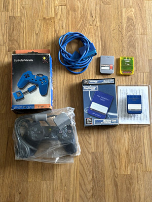 Joytech Controller für Sony PlayStation mit Kabel & Memory Cards schwarz/blau