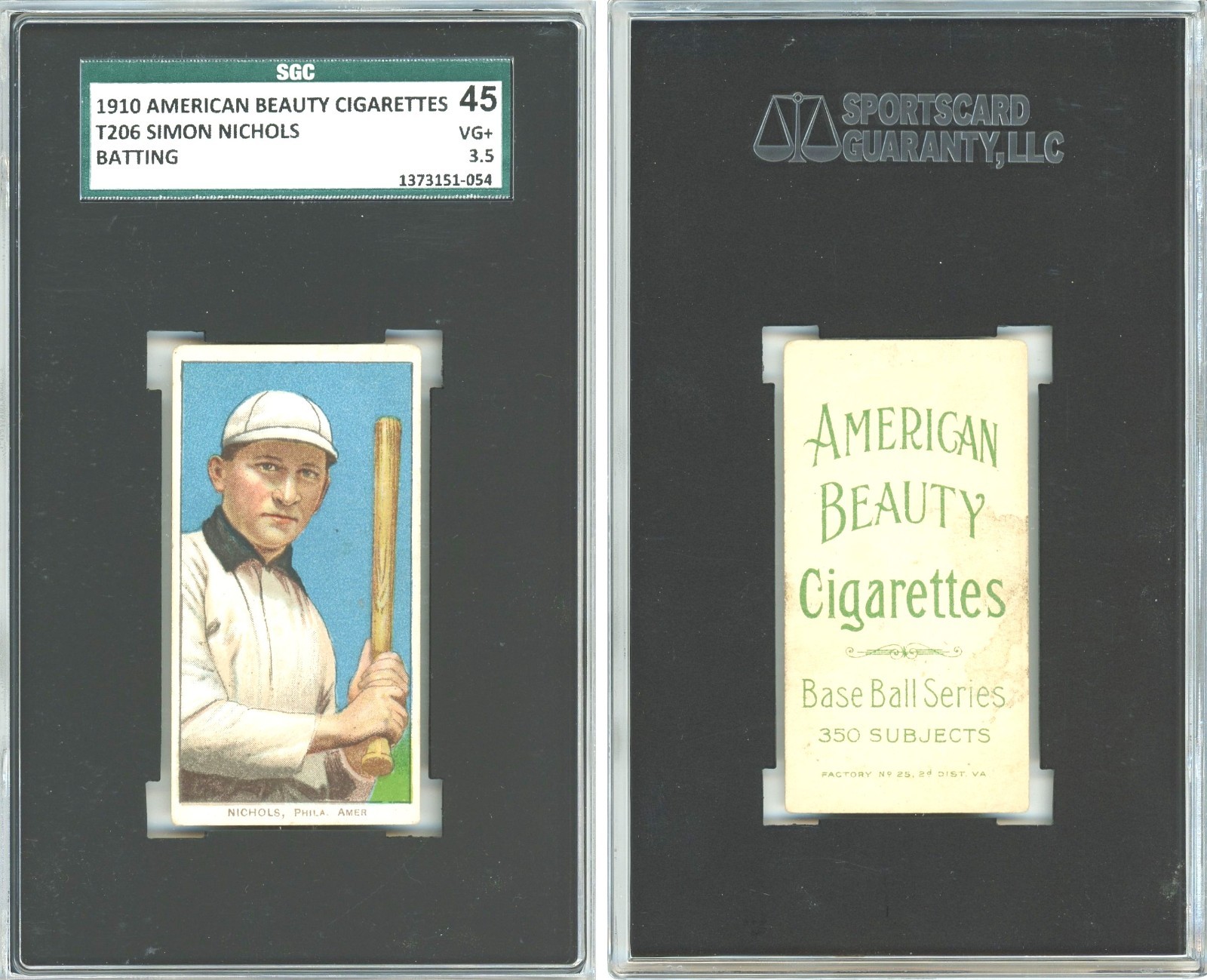 1910 T206 SIMON NICHOLS BATTING PHILIADELPHIA ATHLETICS AMERICAN BEAUTY SGC 3.5