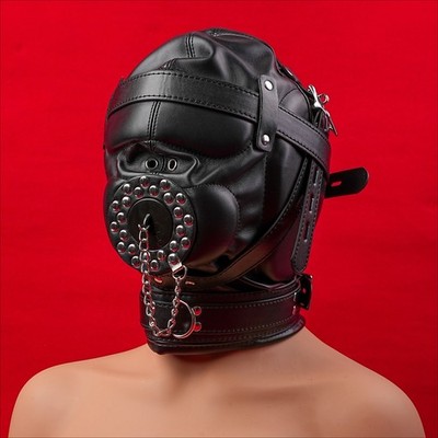 Bondage Hood Head Harness Mask Open Mouth Gag Muzzle Plug Restraint Gimp Couples