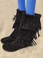 Minnetonka 1639 Women  s Black Suede Fringe Mid-Calf Pull-On Boots US 8