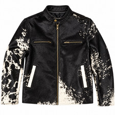 Men's Genuine Hair-On Cowhide Leather Jacket Black White Natural Western Biker