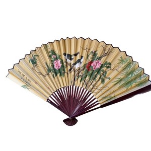 Vintage Large Folding Wall Fan Hand Painted Birds Peonies Bamboo 35 Inch