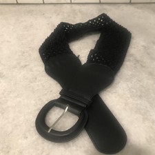 Black Stretch Woven Belt Womens Medium Wide Elastic Faux Leather Buckle Retro