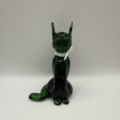 1960s Empoli Italy Vintage Emerald Green Hand Blown Glass Cat Figurine Cottage