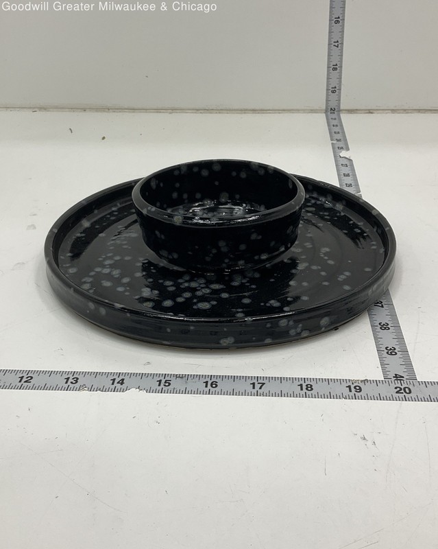 Handmade Black White Speckle Ceramic Chip And Dip Set Platter Serving 10
