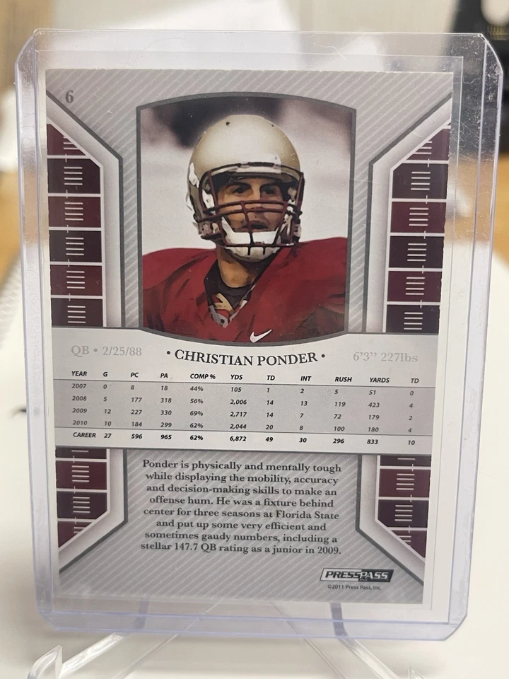 2011 Press Pass Legends Bronze /250 Christian Ponder #6 Rookie RC VIKINGS FSU - Image 2 of 2