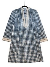 Tory Burch Coastal Sonda Dress Blue Long Sleeve Embroidered Boho EUC