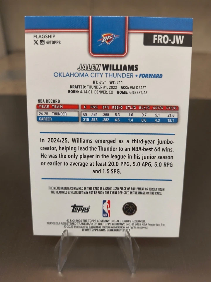 2025 Topps -Jalen Williams FRO-JW Flagship Real One RelicSSP Gold Rainbow-50/50 Foto 2 de 3