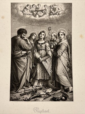 Raphael Cäcilia Musik Antiquarisch Kunstdruck 1876 Stahlstich Radierung Galerie